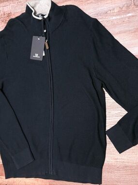 Magaschoni Men's Navy Full-Zip Textured Knit Sweater with Gray Collar Trim NWT